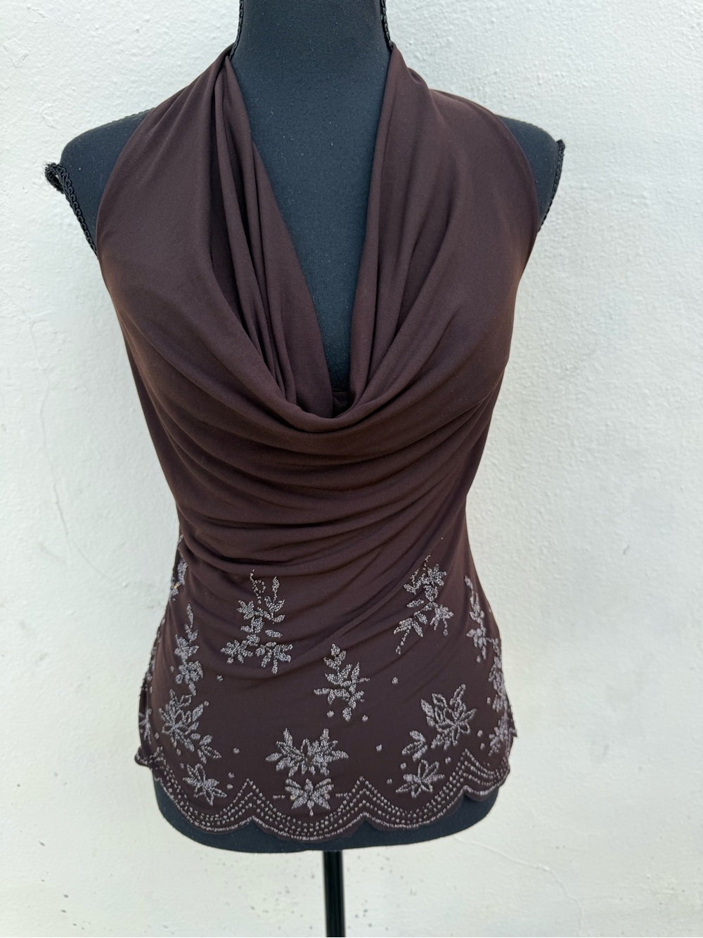 Vintage y2k Women's Brown Draped Halter Top with Embroidered Hem
